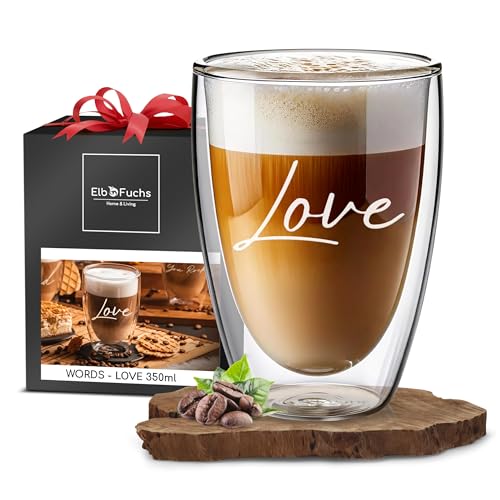 ElbFuchs® Doppelwandiges Latte Macchiato Glas | LOVE | 1x 350ml [GESCHENK FÜR DIE LIEBSTEN] Ideal als Hochzeitsgeschenk für Brautpaar oder Geschenk zum Valentinstag | Glas mit Gravur von ElbFuchs