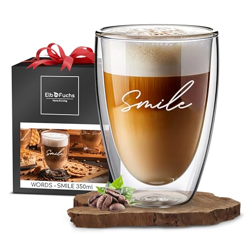 ElbFuchs® Doppelwandiges Latte Macchiato Glas | SMILE | 1x 350ml [GESCHENK FÜR DIE LIEBSTEN] Ideal als Hochzeitsgeschenk für Brautpaar oder Geschenk zum Valentinstag | Glas mit Gravur von ElbFuchs