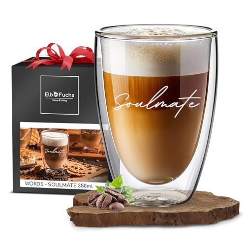 ElbFuchs® Doppelwandiges Latte Macchiato Glas | SOULMATE | 1x 350ml [GESCHENK FÜR DIE LIEBSTEN] Ideal als Geschenk für beste Freundin | Lieblingsmensch Geschenk | Glas mit Gravur von ElbFuchs
