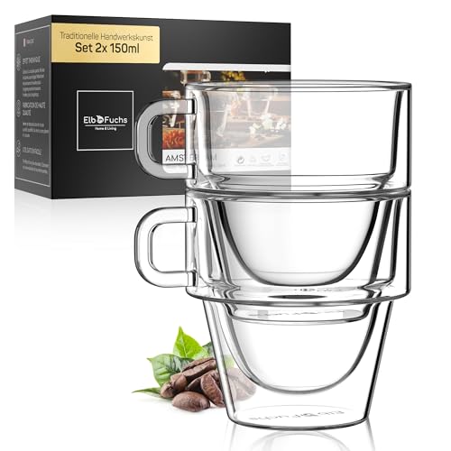 ElbFuchs® Espressotassen Set [2x 150ml] STAPELBARES PLATZWUNDER | Espresso Gläser doppelwandig mit Henkel | Thermogläser doppelwandig | Ideal als Espressokaffeegläser | Mokkatassen von ElbFuchs