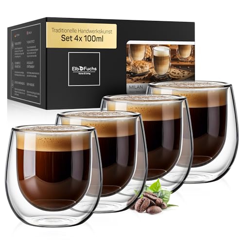 ElbFuchs® Doppelwandige Espresso Gläser [4x 100ml in GASTRO-QUALITÄT] Espressotassen Set | Thermogläser doppelwandig | Ausgefallene Espressotassen Glas ohne Henkel für alle Espressomaschinen von ElbFuchs