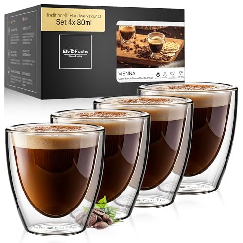 ElbFuchs® Doppelwandige Espresso Gläser [4x 80ml in GASTRO-QUALITÄT] Espressotassen Set | Thermogläser doppelwandig | Ausgefallene Espressotassen Glas ohne Henkel für alle Espressomaschinen von ElbFuchs
