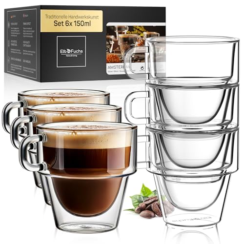ElbFuchs® Espressotassen Set [6x 150ml] STAPELBARES PLATZWUNDER | Espresso Gläser doppelwandig mit Henkel | Thermogläser doppelwandig | Ideal als Espressokaffeegläser | Mokkatassen von ElbFuchs