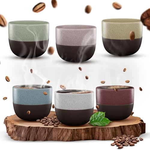ElbFuchs® Espressotassen Set bunt | 6x 120ml [ LIEBEVOLL HANDGEFERTIGT ] Stapelbare Espressobecher Keramik | Espressobecher ohne Henkel | Ausgefallene Espressotassen & Mokkatassen (bunt) von ElbFuchs