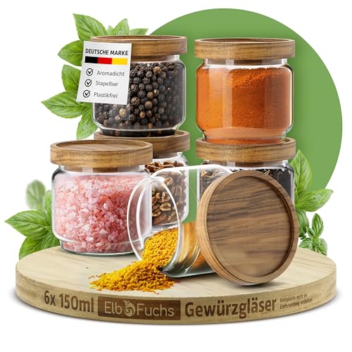 ElbFuchs® Gewürzgläser Set NEU | 6x 150ml [ LUFTDICHT & BPA-FREI ] Gewürzgläser rund mit Holzdeckel aus Borosilikatglas | Gewürzbehälter für Kräuter | Stilvolle Vorratsgläser von ElbFuchs