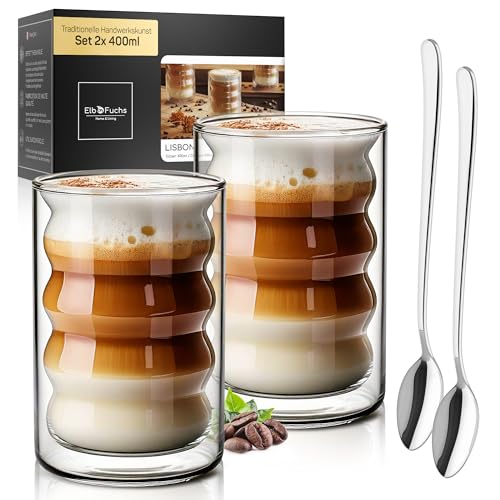 ElbFuchs® Latte Macchiato Bubble-Gläser Set [2×400 ml] Doppelwandige Thermogläser, kristallklar mit Löffeln | Cappuccino-Gläser, Kaffeegläser & Teegläser von ElbFuchs