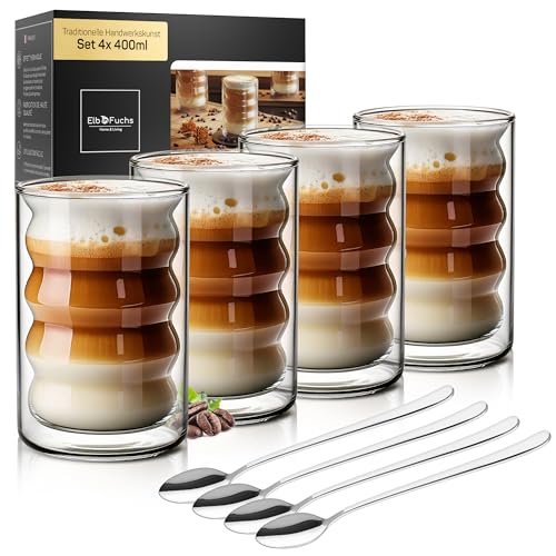 ElbFuchs® Latte Macchiato Bubble-Gläser Set [4×400 ml] Doppelwandige Thermogläser, kristallklar mit Löffeln | Cappuccino-Gläser, Kaffeegläser & Teegläser von ElbFuchs