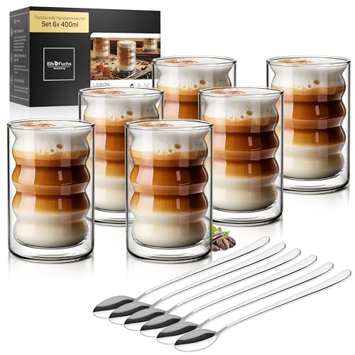 ElbFuchs® Latte Macchiato Bubble-Gläser Set [6×400 ml] Doppelwandige Thermogläser, kristallklar mit Löffeln | Cappuccino-Gläser, Kaffeegläser & Teegläser von ElbFuchs