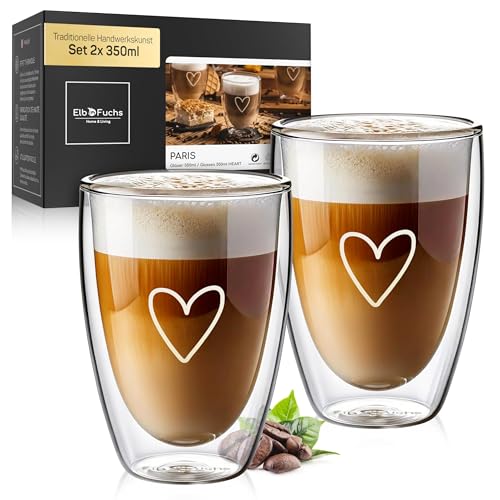 ElbFuchs® Latte Macchiato Gläser doppelwandig [2x 350ml] GESCHENKIDEE mit HERZ | Kristallklare Thermogläser doppelwandig | Ideal als Cappuccino Gläser | Kaffeegläser | Teegläser von ElbFuchs