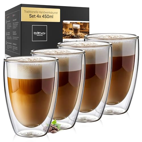 ElbFuchs® Latte Macchiato Gläser doppelwandig [4x 450ml, EXTRA Groß] Kristallklare Thermogläser doppelwandig | Ideal als Cappuccino Gläser | Kaffeegläser | Teegläser von ElbFuchs