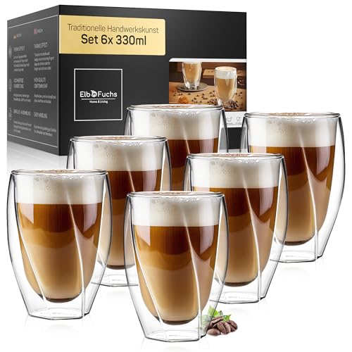 ElbFuchs® Latte Macchiato Gläser doppelwandig [6x 330ml] GASTRO-QUALITÄT | Kristallklare Thermogläser doppelwandig | Ideal als Cappuccino Gläser | Kaffeegläser | Teegläse von ElbFuchs