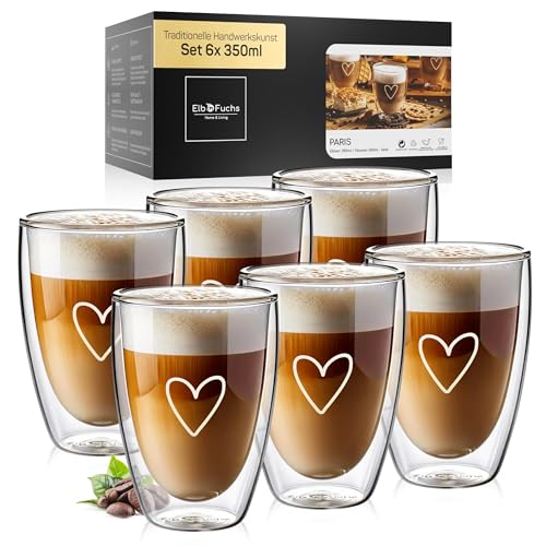 ElbFuchs® Latte Macchiato Gläser doppelwandig [6x 350ml] GESCHENKIDEE mit HERZ | Kristallklare Thermogläser doppelwandig | Ideal als Cappuccino Gläser | Kaffeegläser | Teegläser von ElbFuchs