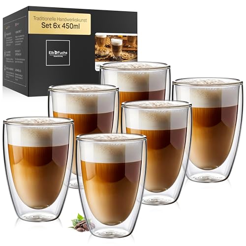 ElbFuchs® Latte Macchiato Gläser doppelwandig [6x 450ml, EXTRA Groß] Kristallklare Thermogläser doppelwandig | Ideal als Cappuccino Gläser | Kaffeegläser | Teegläser von ElbFuchs