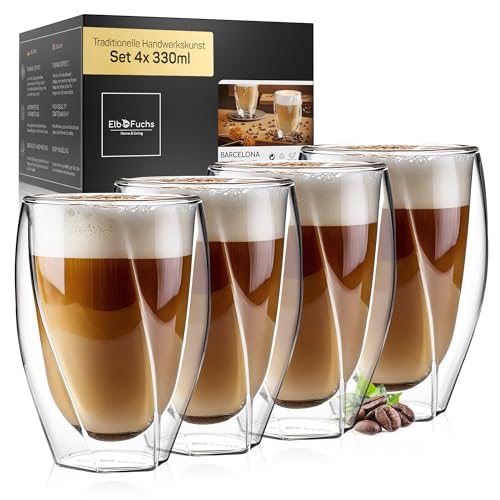 ElbFuchs® Latte Macchiato Gläser doppelwandig CURVED [4x 330ml] | Thermogläser doppelwandig | Cappuccino Tassen Glas | Kristallklare doppelwandige Gläser | Teegläser | Kaffeegläser von ElbFuchs