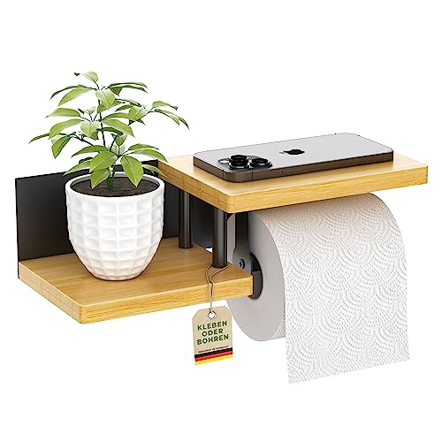ElbFuchs® Toilettenpapierhalter Holz Bambus [KLEBEN oder Bohren] | hochwertiger Klopapierhalter ohne Bohren mit Ablage | schwarz | Klorollenhalter | WC Rollenhalter von ElbFuchs