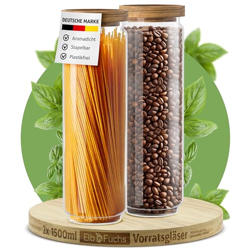 ElbFuchs® Vorratsgläser mit Deckel luftdicht NEU | 2x 1500ml [BPA-FREI & MOTTENSICHER] Vorratsdosen aus Borosilikatglas mit Holzdeckel | Aufbewahrungsgläser für Spaghetti (1500ml) von ElbFuchs