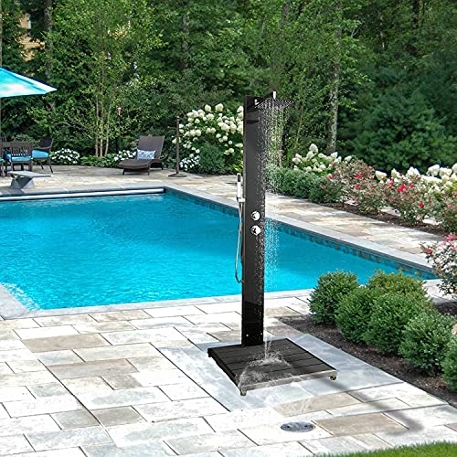 Elbe Gartendusche “Amrum Edelstahl 304 und gehärtetem Schwarzglas, mit Einhebelmischer, Überkopfdusche, Handbrause und WPC-Bodenplatte in Anthrazitgrau für Garten, Pool und Außenbereich von Elbe