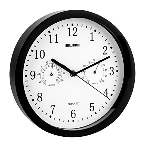 Elbe RELOJ ANALOGICO PARED Negro 25CM Temp/HUMEDAD, Black, One Size von Elbe