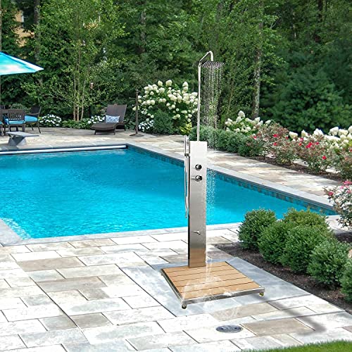Gartendusche “Sylt” von ELBE aus gebürstetem Edelstahl 304, mit Einhebelmischer, WPC-Bodenplatte, Überkopfdusche, Fußdusche und Handbrause für Garten, Pool und Außenbereich von Elbe