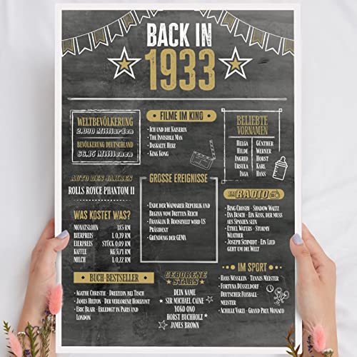 Holzbild Geschenk 91 Geburtstag "Back in 1933" - personalisierbar zum Hinstellen/Aufhängen optional beleuchtet, 91 Geburtstag Frauen & Männer - Wand-Bild Aufsteller Dekoration - persönliches Geschenk von Elbeffekt