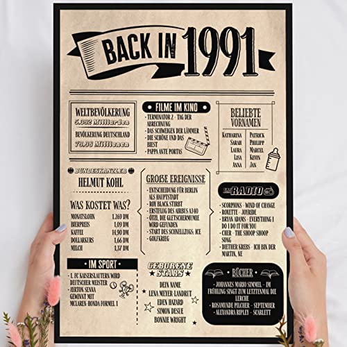 34 Geburtstag Geschenk, Alte Zeitung Holzbild Back in 1991 Vintage personalisierbar zum Hinstellen/Aufhängen opt. beleuchtet, 34 Geburtstag Frau, 34 Geburtstag Mann, 34. Geburtstag, 34 Geburtstag Deko von Elbeffekt