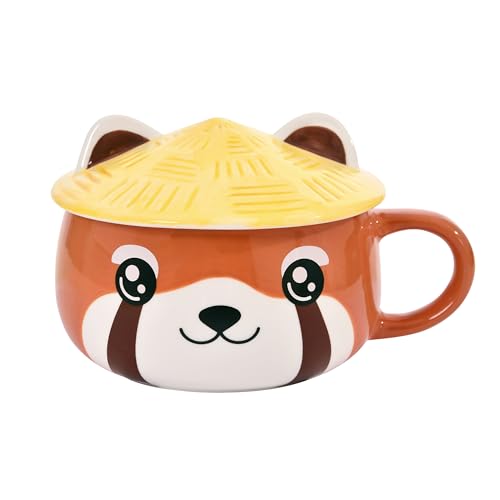 Elbenwald Tasse Kawaii im Roter Panda Design mit Deckel - 450 ml Fassungsvermögen 9 cm Höhe (mit Deckel) - für Anime Fans Keramik Rot von Elbenwald