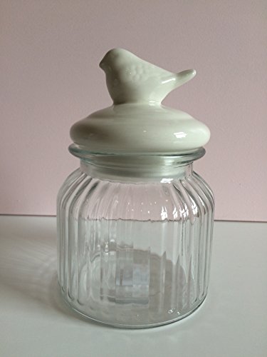 Elchversand Visby Teelichtglas, Gewürzglas, Vorratsglas mit weißem Porzellan-Deckel-Vogelmotiv -als Vase oder Kerzenhalter nutzbar - Glas - 15x7,5cm von Elchversand