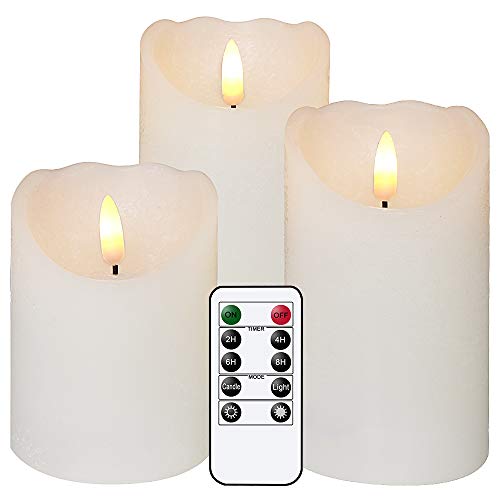 Eldnacele Flammenlose flackernde Kerzen mit Fernbedienung, 3D-Docht, echtes Wachs, batteriebetriebene weiße Stumpenkerzen mit Timer, Set von 3 Stück, für Zuhause, Hochzeit, Weihnachten von Eldnacele