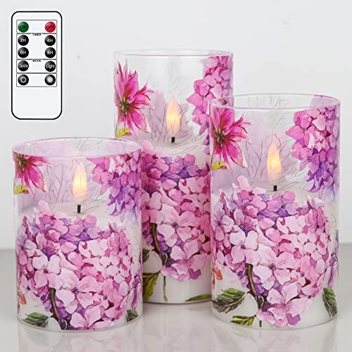 Eldnacele Pinke Hortensien-Glas-LED-Kerzen, flackernd mit Fernbedienung, flammenlose Batterie-Kerzen, flackernd für Zuhause, Hochzeitsdekoration (7,6 x 11,4 cm, 11,4 cm) von Eldnacele