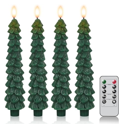 Eldnacele Weihnachtsbaumkerzen mit Fernbedienung und Timer, 4 Stk Wachs-LED Stabkerzen Flackernd, Batteriebetriebene Flammenlose Kerzen mit 3D Docht, Grüne Kerzen für Kamin- und Wohnungsdeko von Eldnacele