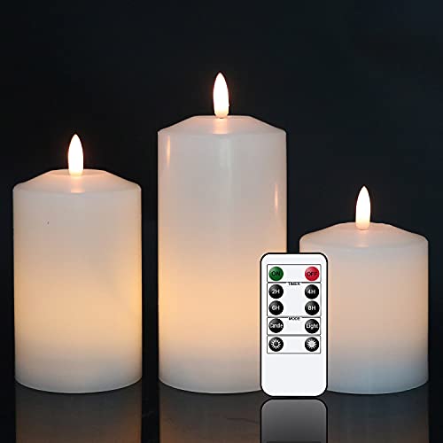 Eldnacele Weiß Flammenlose Säulenkerze, die mit Fernbedienung-Timer flackern, echtes Wachs 3D-Docht-Batterie betriebene LED-Kerzenpackung von 3 für Hochzeitsparty Weihnachts-Home-Dekoratio von Eldnacele