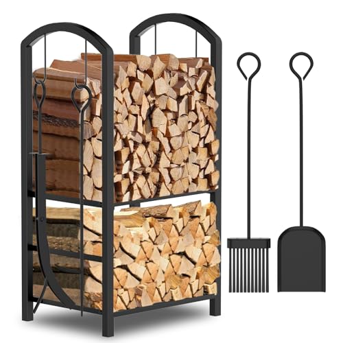 Eldzenith Kaminholzregal Innen mit 4 Kaminbesteck 75x40x38cm Metall Brennholzregal Kaminholzständer Doppelschicht Feuerholzregal für Kamin kaminholz aufbewahrung für Innen und Ausse, Schwarz Eldzenith Kaminholzregal Innen mit 4 Kaminbesteck 75x40x38cm Metall Brennholzregal Kaminholzständer Doppelschicht Feuerholzregal für Kamin kaminholz aufbewahrung für Innen und Ausse, Schwarz von Eldzenith
