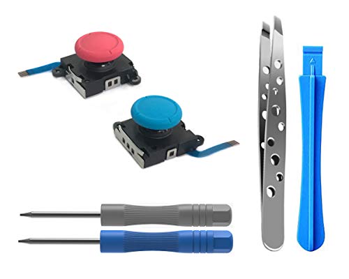 ElecGear [Neue Edition] 2PCs Ersatz-Joystick Analogen Sensor für Nintendo Joy-con Controller und Switch Lite, Links und Rechts 3D Thumbstick Rocker mit Kappe, Reparatur Werkzeuge Kit (Neon-Rot / Blau) von ElecGear