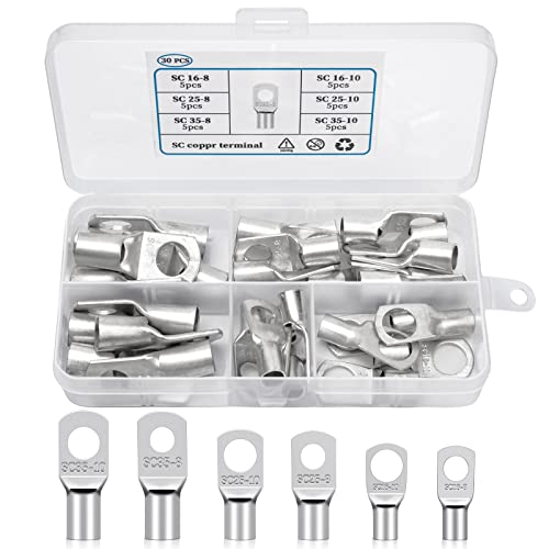 Elecoutek 30 Stk. Rohrkabelschuhe Set Kabelschuhe16mm² 25mm² 35mm² Ringkabelschuhe M8 M10 Kupferklemmen Verzinnt Kupfer Quetschverbinder für Kfz Auto Motorad Boote von Elecoutek