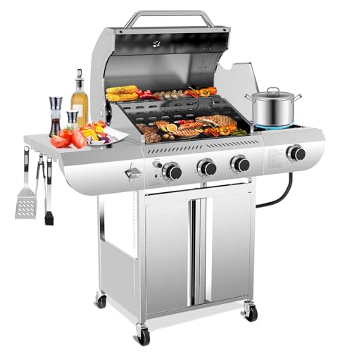 Electactic 3-Brenner Propangasgrill mit Seitenbrenner - 34000BTU Edelstahl Outdoor BBQ Grill, Gusseisen Roste Tragbar mit Rollen für Terrasse, Camping von Electactic