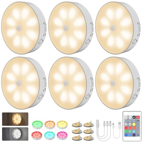 16 LEDs Schrankbeleuchtung mit Bewegungsmelder, 12 Farben Unterbauleuchte mit Fernbedienung, 1000mAh Wiederaufladbar Nachtlicht Kabellos LED Schranklicht für Kleiderschrank, Treppe, RV - 6 Stück von Electight