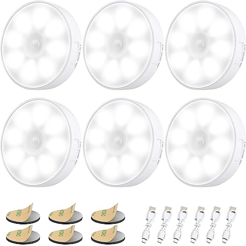 Electight 8 LED Nachtlicht mit Bewegungsmelder,[6 Stück] Wiederaufladbar Nachtlampe mit USB-Kabeln, Auto/ON/Off, Stick Anywhere wie Treppe, Schrank, Toilette, 6000K Kaltes Weiß von Electight