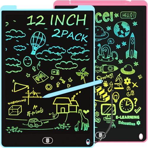 Bunte LCD Schreibtafel, 2 Pack 12 Zoll Schreibtablett für Kinder und Erwachsene, Löschbares Wiederverwendbar Zaubertafel Tragbares Augenschutz Zeichentafel für Reise, Hause, Schule - Blau Rosa von Electight