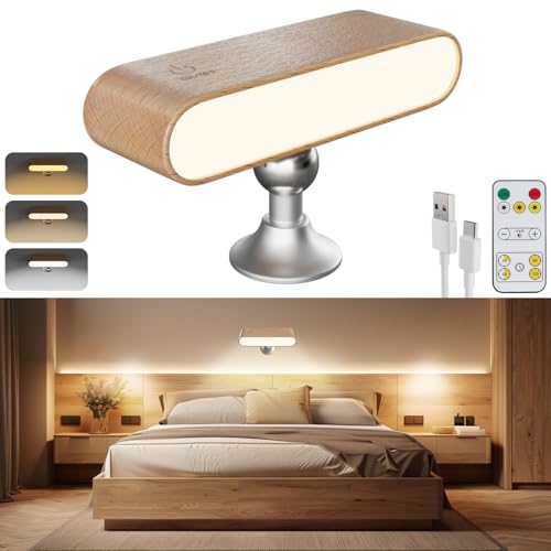 Holz Wandleuchte Innen mit Remote, Kabellos Akku LED Wandlampe 360° Drehbare, 3 Farbtemperatur Stufenlos Dimmbar Touch Control, Abnehmbare Handleuchte für Schlafzimmer Wohnzimmer Treppenhaus Flur von Electight