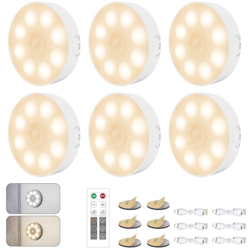 Schrankbeleuchtung mit Fernbedienung, [3 Farben] Kabellos Nachtlicht mit Bewegungsmelder, Bewegungslicht mit Batterie, Dimmbar Puck Light Schranklicht mit Timer, für Flur, Küche, Treppen - 6 Stück von Electight