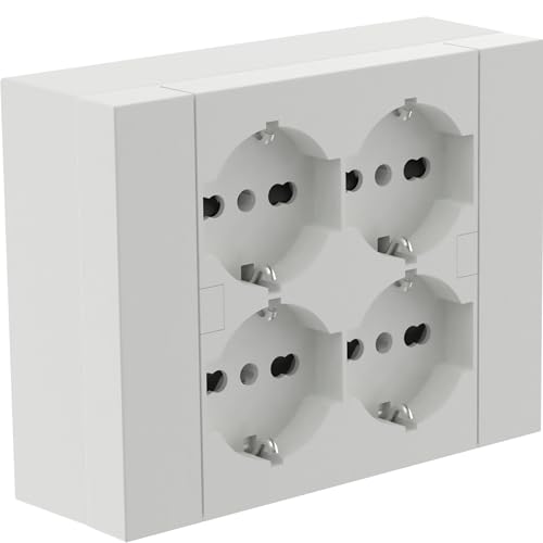 Electraline 22016 Quadra Wandsteckdose 4 Universalsteckdosen, mit Halterungsbox für Oberflächeninstallationen, kompatibel mit allen 3-fach Unterputzdosen (Mauerwerk oder Gipskarton) von Electraline