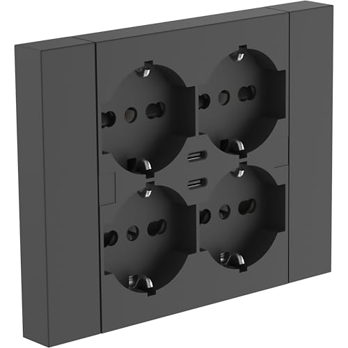 Electraline 22117 Einbausteckdose Quadra 4 Plätze Universal P40 + 2 USB-C, kompatibel mit allen 3-fach Unterputzdosen (Mauerwerk oder Gipskarton) von Electraline