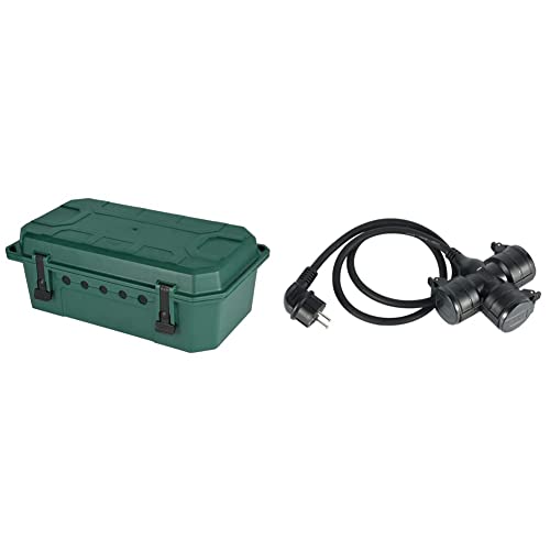 Electraline 300180 wasserdichte Schutzbox für Elektroanschlüsse, Grun & 55095 Baustellen Verlängerungskabel 1 M, Kabel H07RN-F3G1.5 mit 3-Fach Gummi-Kupplung IP44 für den Außenbereich, Schwartz von Electraline