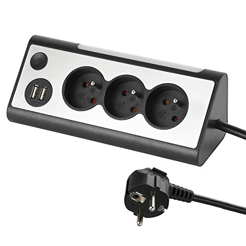 Electraline 35430, Ecksteckdose, 3 Steckdosen, 2 USB-Ports, Ein-/Ausschalter zum Ein- und Ausschalten der LED, Kabel 1,5 m, grau/schwarz von Electraline