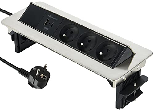 Electraline 35445 Steckdosenleiste, versenkbar, Arbeitsplatte mit 3 16 A, französischer Standard + 2 3,1 A A + 1 USB Typ C 15,5 W, Einbausteckdose für Küche, Kabel 2 m, schwarz, horizontal von Electraline