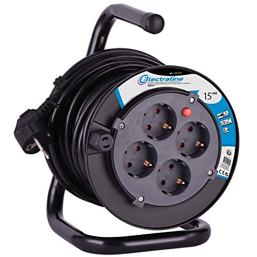 Electraline 49031 Kabeltrommel H05VV-F 3G1,5 15 m Kabel-IP20 Indoor/Kabelrolle mit 4 Schuko-Steckdosen/Kabelbox mit Verlängerungskabel/Leitungsroller mit Kurbel, Schwartz von Electraline