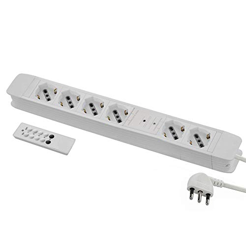 Electraline 61902 Mehrzwecksteckdose mit Fernbedienung, 6 Steckplätze (Schuko+10/16A), einfach zu programmieren, mit Fernbedienung, 2 m Kabel, 16 A Stecker von Electraline