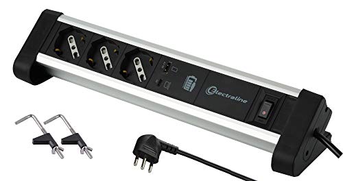 Electraline 61907 Mehrfachsteckdose für Schreibtisch, 3 Plätze, Schuko + 10/16 A, 2 65 W, 1 Typ C für Computer + 1 USB 3.0 A QuickCharge, Befestigungshalterungen, Schwarz/Silber, Steckdose von Electraline