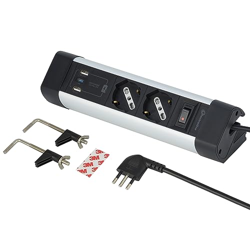 Electraline 61921 Mehrfachsteckdose für Schreibtisch, 2 Plätze, Schuko + 10/16 A, mit 3 USB (2 USB A 3.0 A + 1 USB C 20 W Power Delivery), Kabel H05VV-F 3G.1 Länge 2 m, Überspannungsschutz von Electraline