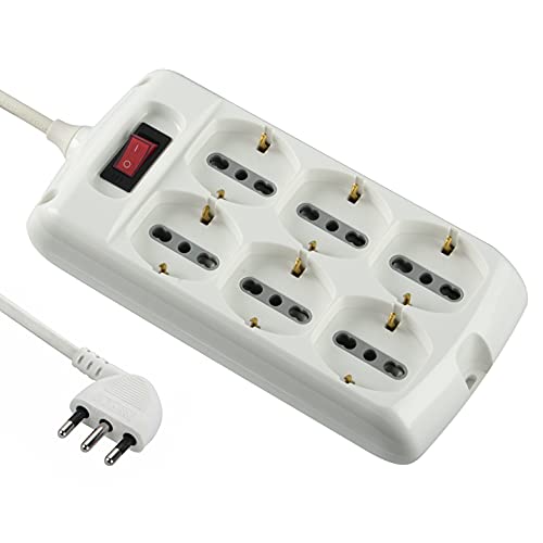 Electraline 62060. Mehrfachsteckdose 6 Sitzer Blasenfolie Schuko + 10/16 A mit Schalter und Kabel, Weiß, 1.5 m von Electraline